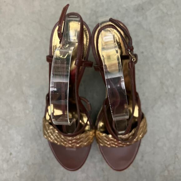 Audrey Brooke 9.5 Shakes Brown Gold Weave Espadrille Platform Wedge Sandals - Picture 7 of 10